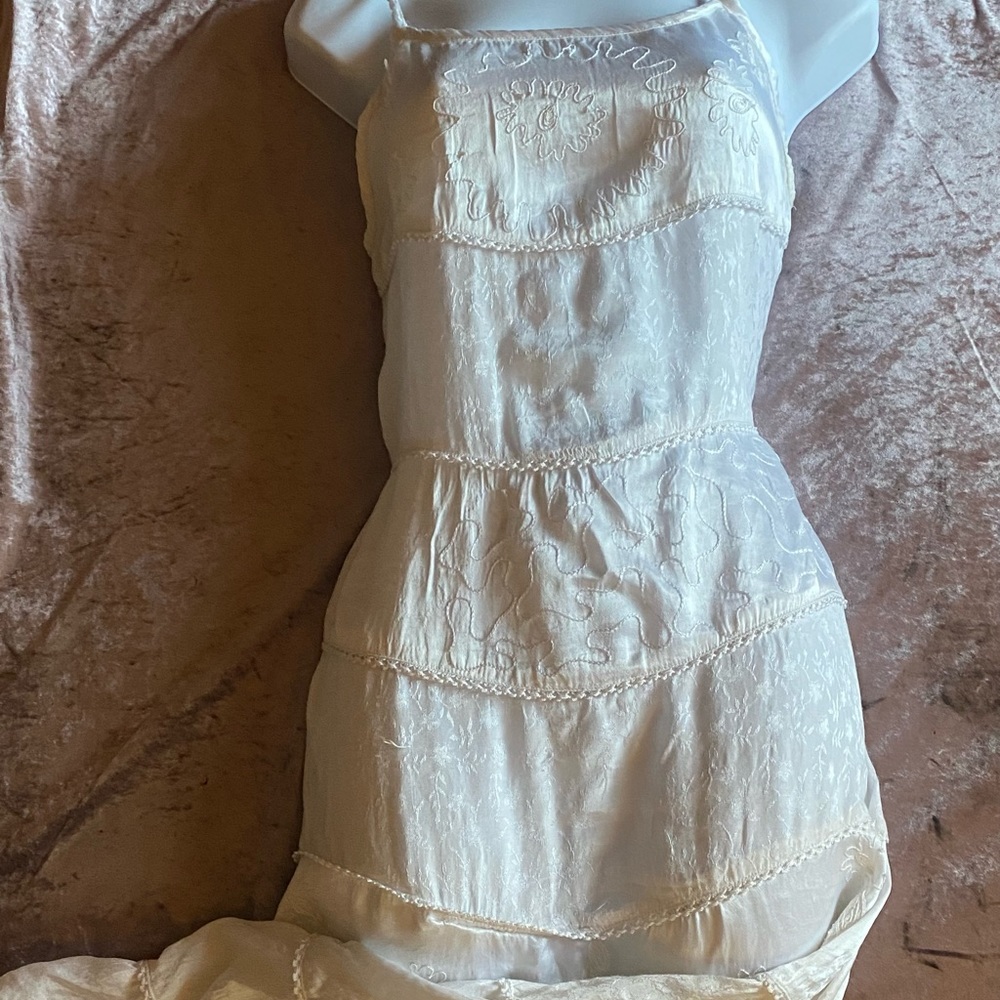 VNTG Boho Cream Tiered Satin Patchwork Dress